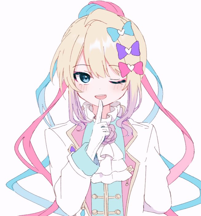 1girl ;d arm_behind_back ascot blonde_hair blue_bow blue_eyes blue_hair bow chouzetsusaikawa_tenshi-chan finger_to_mouth gloves hair_bow hand_up heart index_finger_raised jacket kabe_(zp66104) long_hair long_sleeves looking_at_viewer multicolored_hair needy_girl_overdose official_alternate_costume one_eye_closed open_mouth pink_bow pink_hair ponytail purple_bow shushing simple_background smile solo upper_body violet_eyes white_ascot white_background white_gloves white_jacket