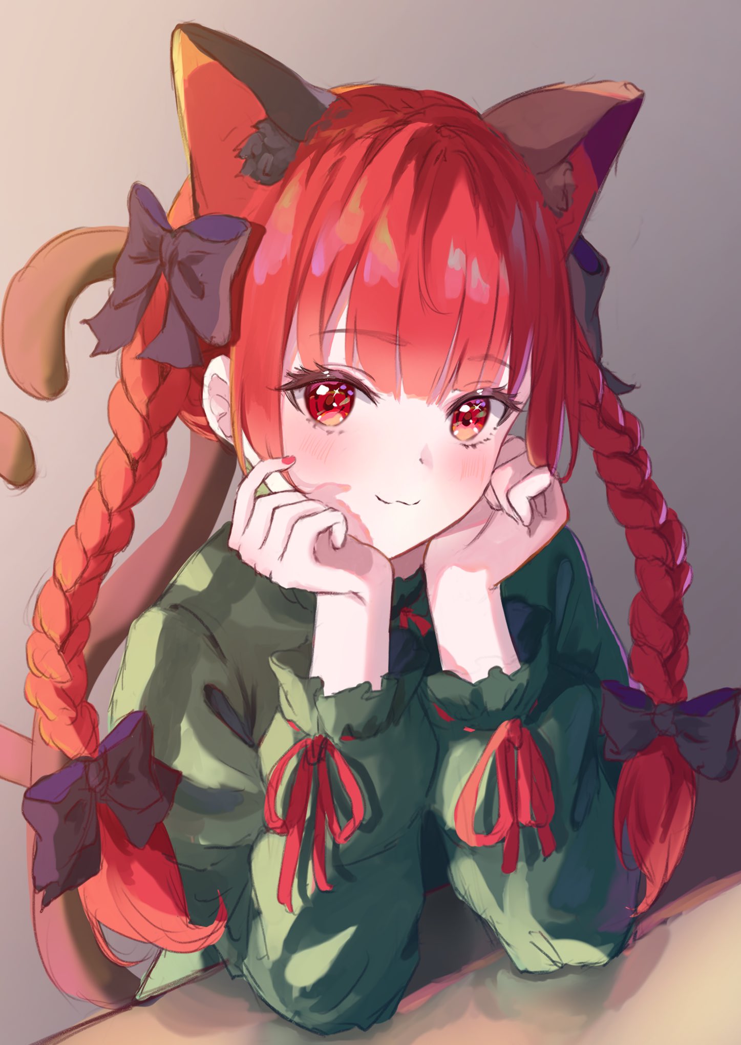 1girl animal_ear_fluff animal_ears black_bow blush bow braid cat_ears cat_tail closed_mouth commentary dress extra_ears green_dress hair_bow hands_on_own_face highres kaenbyou_rin long_hair long_sleeves looking_at_viewer multiple_tails narutakaya nekomata red_eyes red_ribbon redhead ribbon sleeve_ribbon smile tail touhou twin_braids two_tails