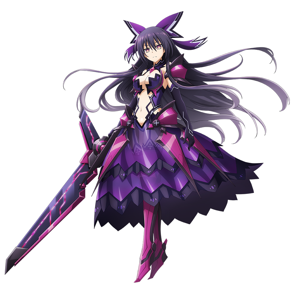 1girl alternate_costume armor armored_dress bow breasts closed_mouth dark_persona date_a_live dress full_body hair_bow long_hair medium_breasts official_art overlord_(maruyama) purple_dress purple_hair solo sword v-shaped_eyebrows violet_eyes weapon yatogami_tenka
