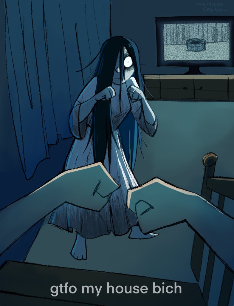 1girl barefoot black_hair clenched_hands commentary commission dress english_commentary english_text ghost gtfo_my_house_(meme) hair_between_eyes hair_over_one_eye long_hair meme messy_hair opilka parody pov raised_fists the_ring yamamura_sadako