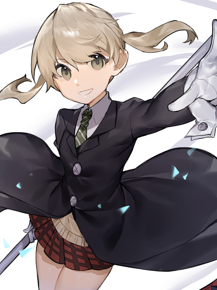 1girl blonde_hair caddy_cyd coat collared_shirt green_eyes hair_between_eyes highres holding holding_scythe long_hair long_sleeves looking_at_viewer maka_albarn necktie plaid plaid_skirt reaching reaching_towards_viewer scythe shirt simple_background skirt smile solo soul_eater standing twintails