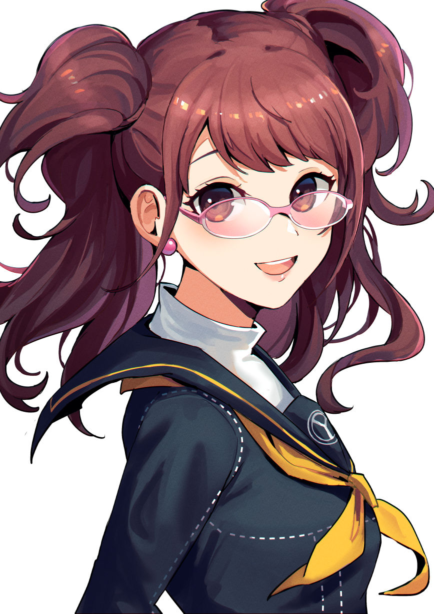 1girl :d black_sailor_collar black_shirt blush breasts brown_eyes brown_hair commentary earrings eyebrows_hidden_by_hair eyelashes from_side glasses happy highres jewelry kujikawa_rise kuki_tan lips long_hair looking_at_viewer neckerchief open_mouth persona persona_4 pink-framed_eyewear round_teeth sailor_collar school_uniform serafuku shirt simple_background small_breasts smile solo swept_bangs teeth tsurime twintails two_side_up upper_body upper_teeth_only wavy_hair white_background yasogami_school_uniform yellow_neckerchief