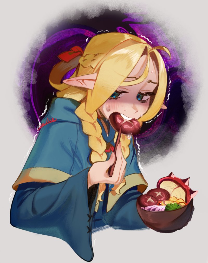 1girl bags_under_eyes blonde_hair blue_capelet blue_robe bowl braid capelet chopsticks dungeon_meshi eating elf food french_braid green_eyes hair_around_ear half_updo holding holding_bowl holding_chopsticks holding_food hood hood_down hooded_capelet light_blush long_hair long_sleeves marcille_donato mushroom open_mouth pointy_ears robe shaded_face solo trembling twin_braids worried zambiie
