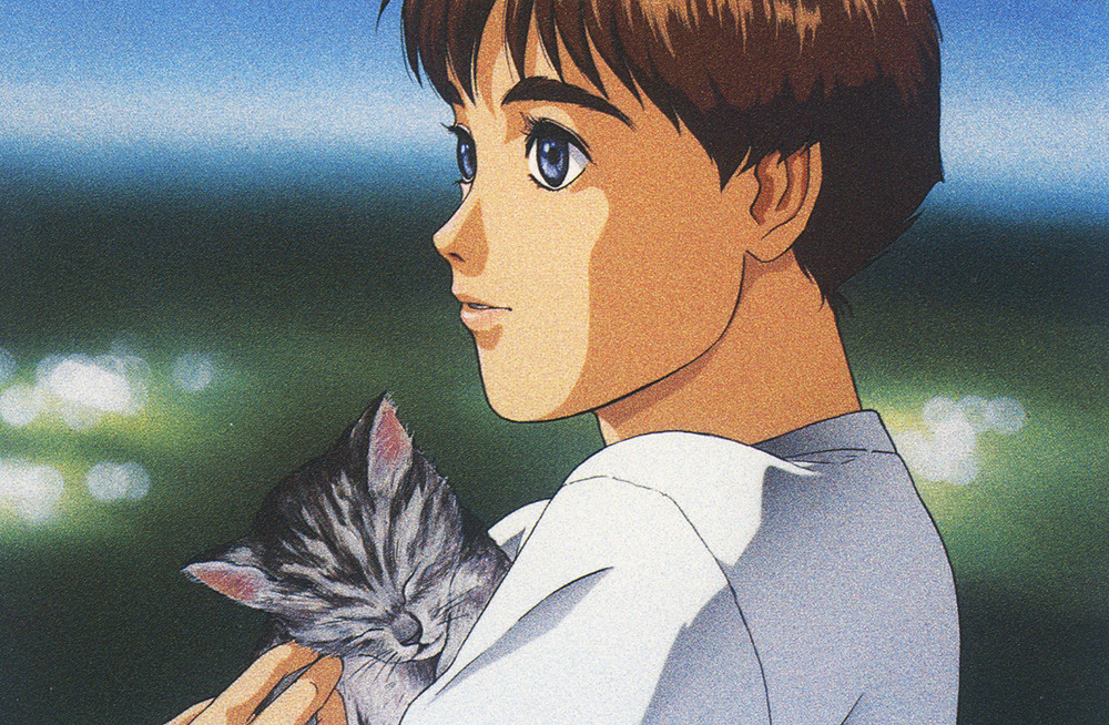 1990s_(style) 1girl artist_request blue_eyes blurry blurry_background carrying cat closed_eyes holding izumi_noa key_visual kidou_keisatsu_patlabor official_art pet promotional_art redhead retro_artstyle scan short_hair sleeping traditional_media