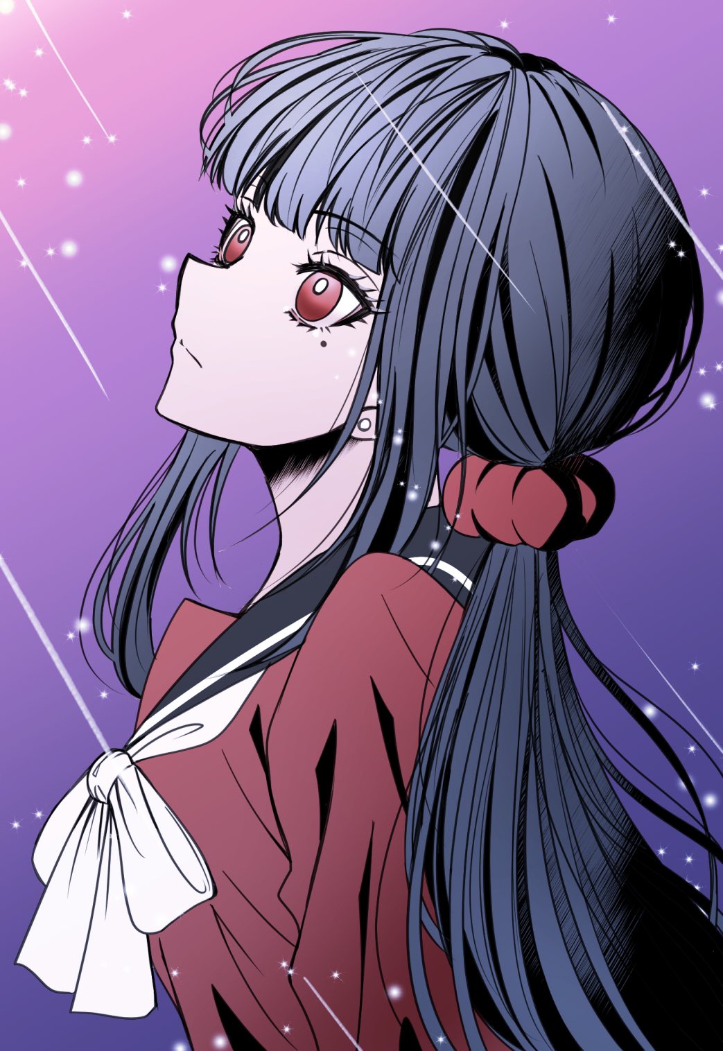 1girl blunt_bangs bow bowtie danganronpa_(series) danganronpa_v3:_killing_harmony from_side hair_ornament hair_scrunchie harukawa_maki highres long_hair looking_up low_twintails mole mole_under_eye red_eyes red_scrunchie red_shirt sailor_collar satori_(aosky9077) scrunchie shirt solo twintails white_bow white_bowtie