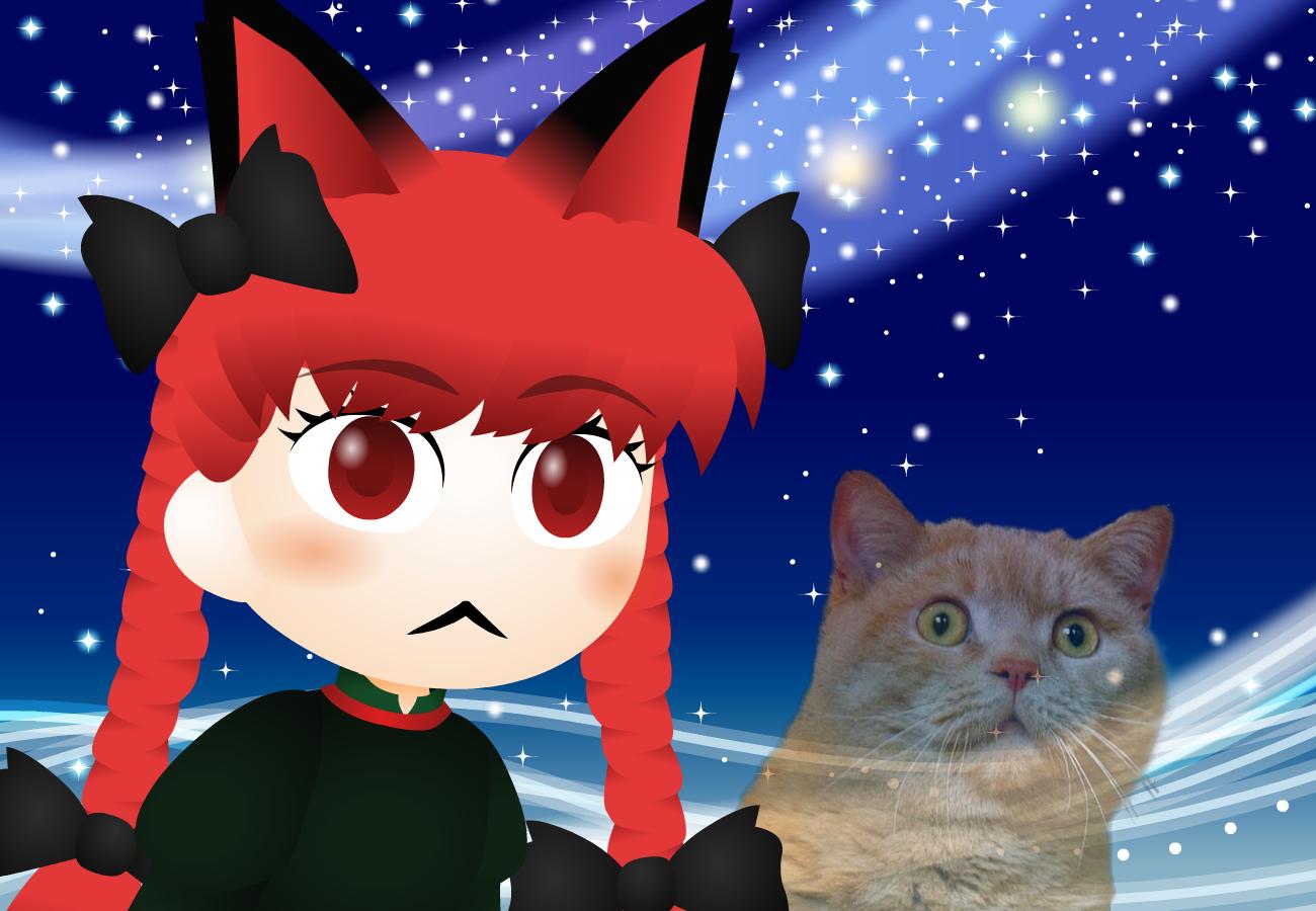 1girl :&lt; animal_ears black_bow blush bow braid cat cat_ears closed_mouth confused dress galaxy galaxy_background green_dress hair_bow juliet_sleeves kaenbyou_rin kouki_(nowlearning) long_hair long_sleeves meme outdoors parody photo-referenced puffy_sleeves red_eyes redhead solo space space_cat_(meme) touhou universe upper_body