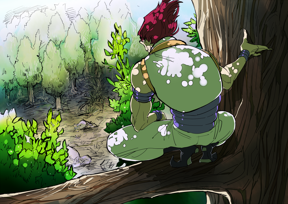 1boy arm_rest elbow_on_thigh forest from_behind full_body hand_up hisoka_morow hunter_x_hunter looking_down male_focus mojisan_(ebimo) nature on_tree pants redhead shirt short_hair solo squatting tree white_pants white_shirt