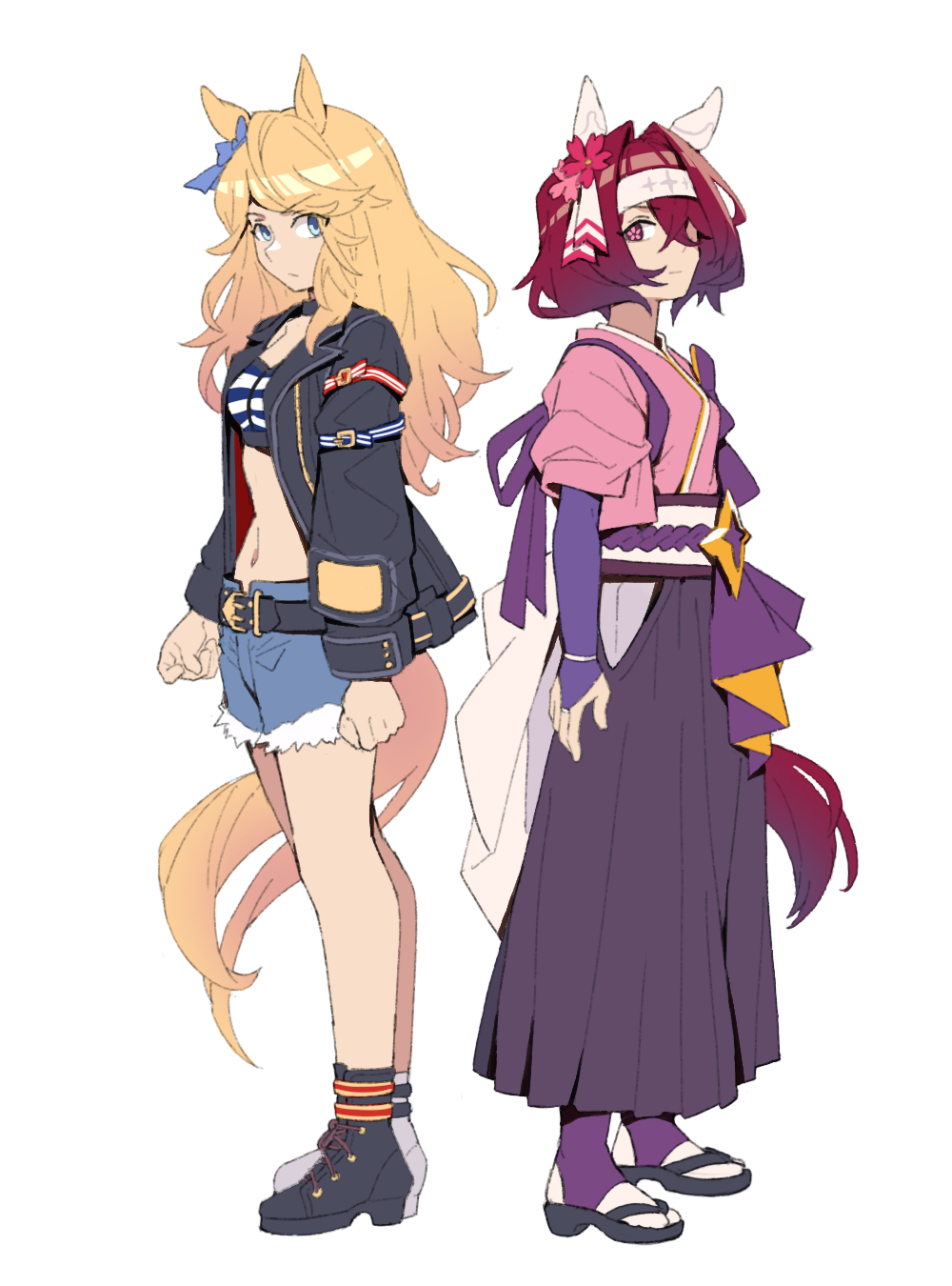 2girls animal_ears arms_at_sides belt black_footwear black_jacket blonde_hair blue_eyes blue_shorts boots bow breasts bridal_gauntlets character_request clenched_hands closed_mouth crossed_bangs cutoffs ear_bow ear_covers full_body gold_city_(umamusume) hair_intakes hakama highres hip_vent horse_ears horse_girl horse_tail jacket japanese_clothes kimono long_hair long_sleeves maid_headdress midriff multiple_girls navel obi open_clothes open_jacket pink_kimono purple_skirt redhead sandals sash short_hair shorts simple_background sinnra_art skirt sleeves_pushed_up small_breasts standing symbol-shaped_pupils tabi tail umamusume white_background