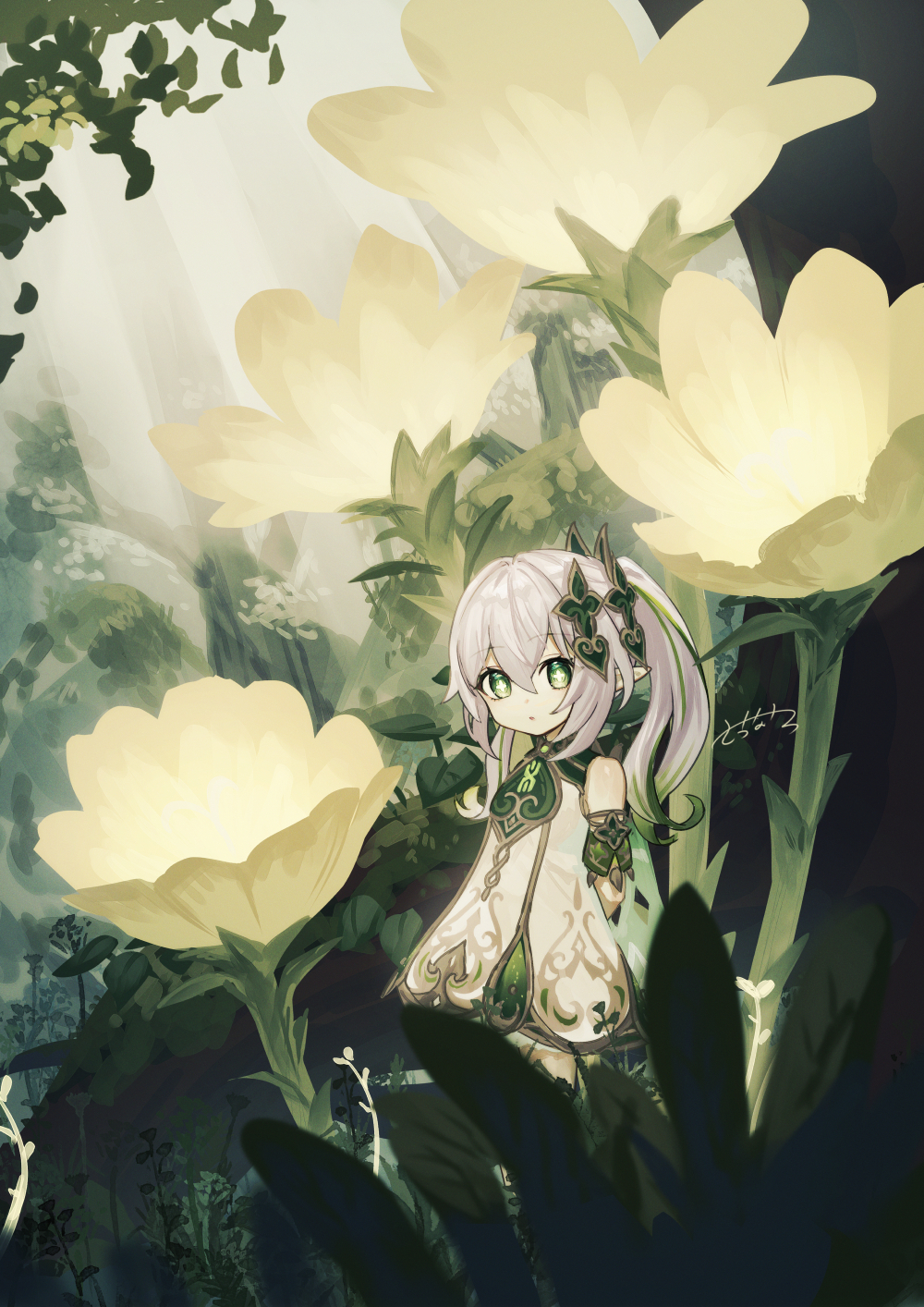 1girl arms_behind_back detached_sleeves dress flower forest genshin_impact green_eyes green_hair green_sleeves hair_ornament highres long_hair looking_at_viewer nahida_(genshin_impact) nature outdoors oversized_flower parted_lips pointy_ears ponytail sacanahen side_ponytail solo standing white_dress