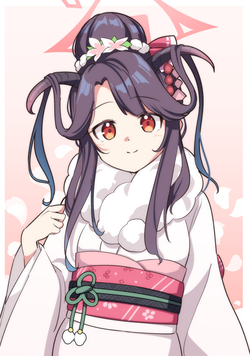1girl black_hair black_horns blue_archive blush closed_mouth demon_horns flower fur-trimmed_kimono fur_trim fuuka_(blue_archive) fuuka_(new_year)_(blue_archive) hair_flower hair_ornament halo horns japanese_clothes kimono long_hair long_sleeves looking_at_viewer moja_(moja4192) obi official_alternate_costume pink_flower pink_halo red_eyes sash smile solo white_kimono wide_sleeves