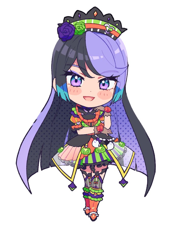 1girl :d black_hair blue_hair boots brown_gloves carron_(waccha_primagi!) chibi commentary_request dolldolldd dress flower frilled_dress frills full_body ghost gloves green_flower green_rose halloween_costume hand_on_own_cheek hand_on_own_elbow hand_on_own_face hand_up jack-o'-lantern long_hair looking_at_viewer multicolored_hair open_mouth orange_footwear pretty_series puffy_short_sleeves puffy_sleeves purple_flower purple_hair purple_rose rose short_sleeves simple_background smile solo standing very_long_hair violet_eyes waccha_primagi! white_background