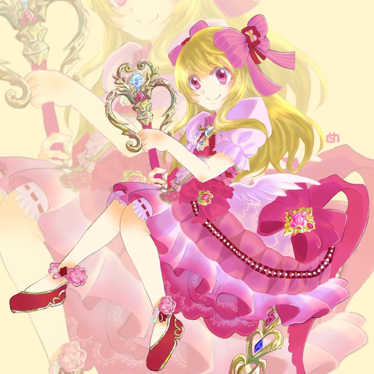 1girl blonde_hair bloomers chaos_marie_(grimms_notes) cleavage_cutout clothing_cutout dress grimms_notes hair_ribbon holding holding_wand holding_weapon jewelry long_hair mitsuo_fez pendant pink_eyes puffy_short_sleeves puffy_sleeves red_footwear ribbon shoes short_sleeves smile solo underwear wand weapon wings yellow_background