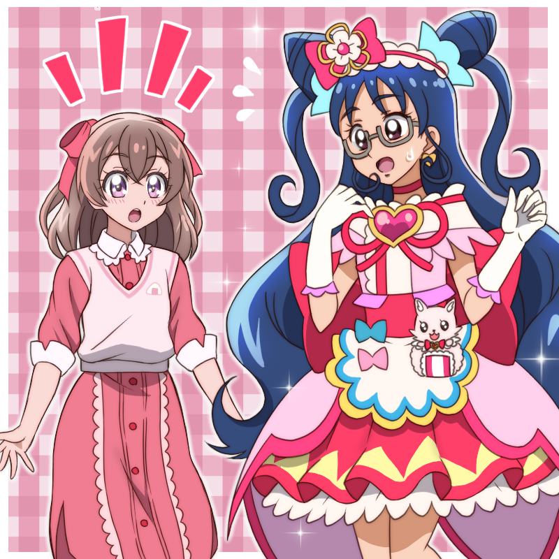 :o apron back_bow blue_bow blue_hair bow brooch brown_eyes brown_hair cone_hair_bun cosplay cowboy_shot cure_precious cure_precious_(cosplay) curly_sidelocks delicious_party_precure double_bun dress earrings elbow_gloves flower flying_sweatdrops glasses gloves go!_princess_precure grey-framed_eyewear hair_bow hair_bun hair_flower hair_ornament hairband heart heart_brooch heart_earrings jewelry kome-kome_(precure) large_bow legs_together long_hair looking_at_another magical_girl medium_hair nagomi_yui name_connection nanase_yui onomekaman open_mouth pink_background pink_bow pink_dress pink_hairband pink_skirt plaid plaid_background precure skirt sparkle standing surprised sweatdrop two_side_up violet_eyes white_apron white_gloves