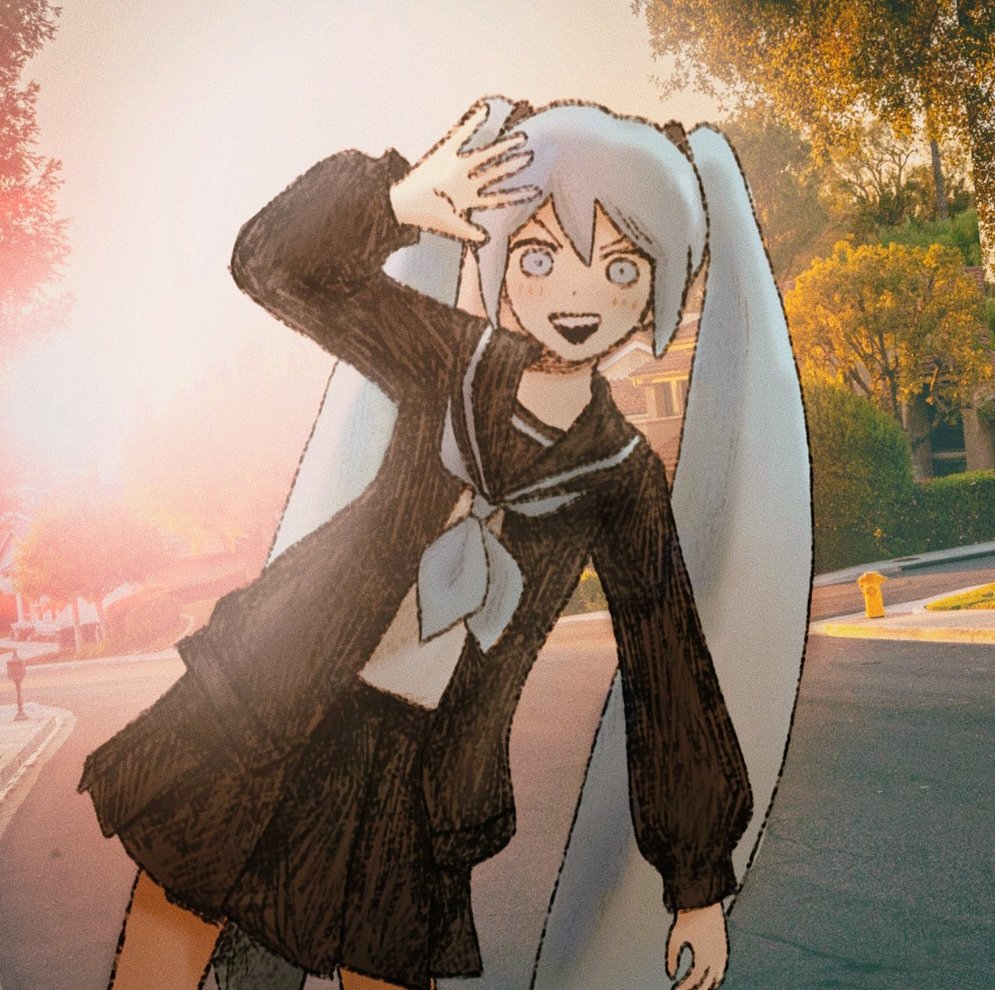 1girl aqua_eyes aqua_hair aqua_neckerchief arm_at_side black_jacket black_sailor_collar black_skirt commentary english_commentary fire_hydrant hair_between_eyes hair_ornament hand_up hatsune_miku jacket long_hair long_sleeves looking_at_viewer neckerchief omocat_(style) omori open_clothes open_jacket open_mouth outdoors parody photo_background pleated_skirt sailor_collar sapgoon school_uniform shirt sidewalk skirt smile solo style_parody teeth tree twintails upper_teeth_only v-shaped_eyebrows very_long_hair vocaloid white_shirt