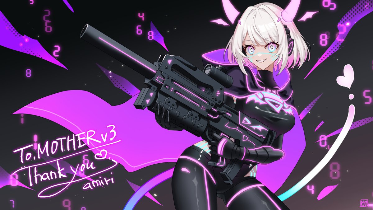 1girl amiri_skeb aqua_eyes black_bodysuit black_cape bob_cut bodysuit breasts cape detached_horns gradient_hair gradient_horns gun hair_intakes headphones hip_vent holding holding_gun holding_weapon holographic_horns horns indie_virtual_youtuber looking_at_viewer medium_hair motherv3 multicolored_eyes multicolored_hair multicolored_horns pink_horns purple_cape purple_horns smile solo tail two-sided_cape two-sided_fabric two-tone_eyes two_sided_cap violet_eyes virtual_youtuber weapon