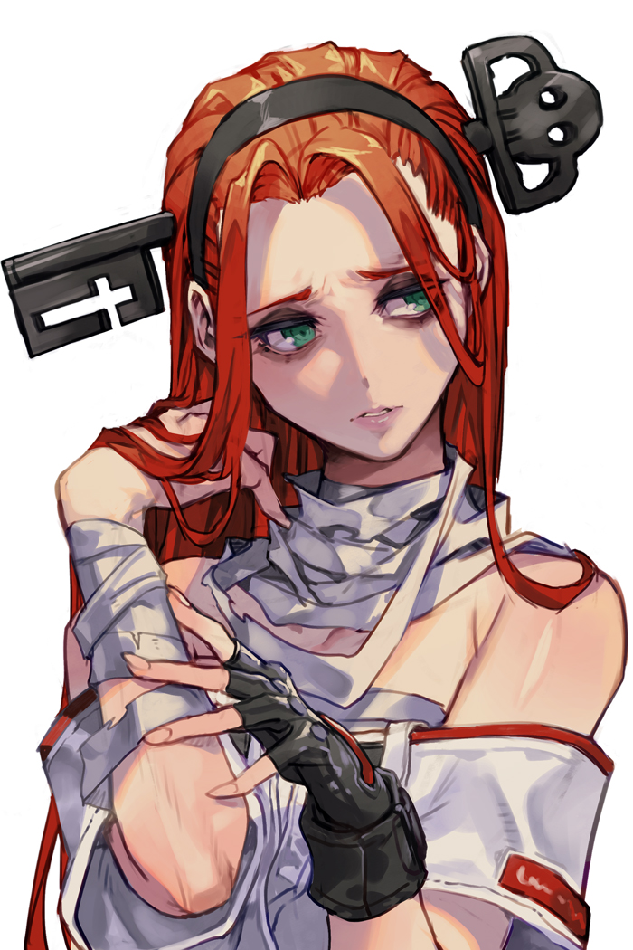 1girl a.b.a armpit_crease bags_under_eyes bandaged_neck bandages black_gloves black_hairband fingerless_gloves gloves green_eyes guilty_gear guilty_gear_strive hair_intakes hairband hankuri key_in_head long_hair object_through_head parted_lips pink_lips redhead simple_background solo upper_body white_background