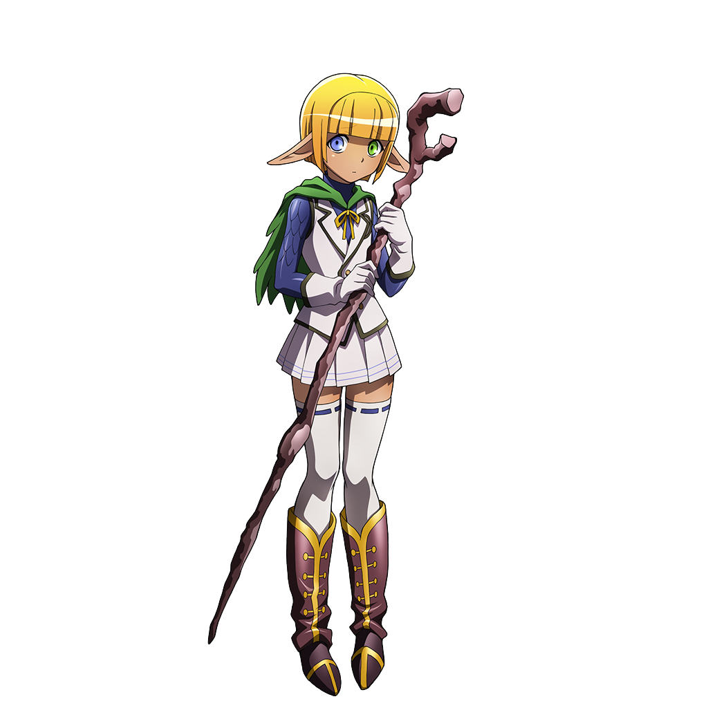 1boy blonde_hair blue_eyes blunt_bangs boots brown_footwear dark_elf elf gloves green_eyes heterochromia holding holding_staff mare_bello_fiore official_art overlord_(maruyama) pleated_skirt pointy_ears short_hair skirt solo staff thigh-highs white_gloves