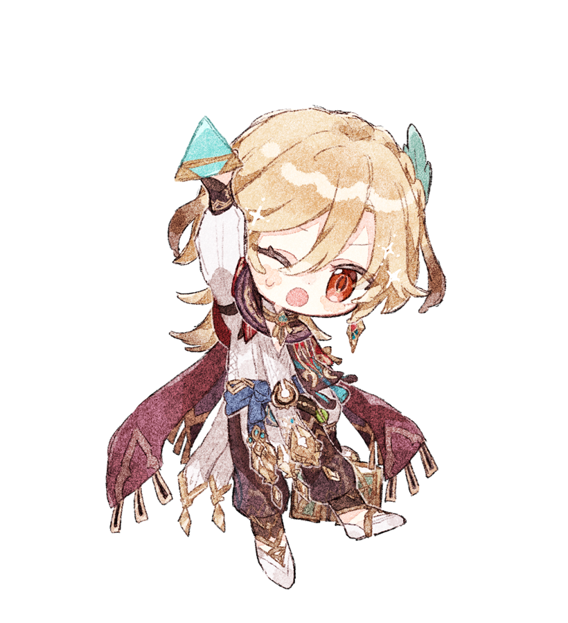 1boy ;o arm_up black_gloves black_pants blonde_hair blue_sash blush blush_stickers cape chibi commentary_request earrings feather_hair_ornament feathers fingerless_gloves genshin_impact gloves gold_trim hair_between_eyes hair_ornament jewelry kaveh_(genshin_impact) long_hair long_sleeves looking_at_viewer male_focus necklace nekorune_(bukubuku_awai) one_eye_closed open_mouth pants parted_bangs puffy_long_sleeves puffy_sleeves red_cape red_eyes sash shirt shoes sidelocks solo sparkle sweatdrop tassel transparent_background vision_(genshin_impact) white_footwear white_shirt