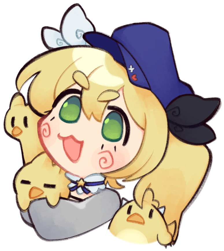 1girl :3 :d blonde_hair blue_hat chibi dragoon_(dokibird) green_eyes grey_jacket indie_virtual_youtuber jacket long_sleeves open_mouth sherbovania simple_background smile solo thick_eyebrows transparent_background twintails upper_body virtual_youtuber