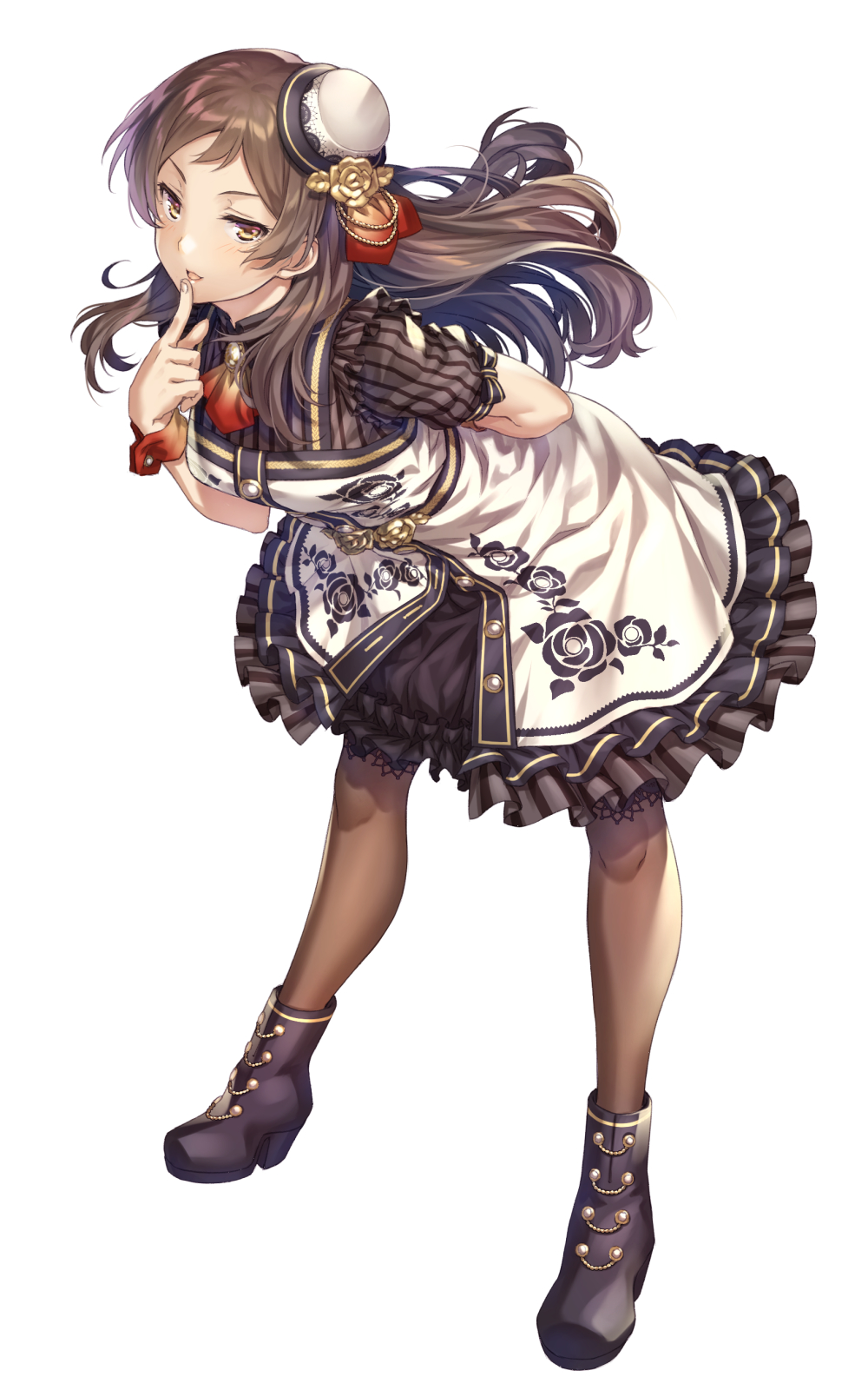 1girl arm_behind_back boots breasts brown_hair dress finger_to_mouth floral_print frilled_dress frills full_body hat high_heel_boots high_heels highres idolmaster idolmaster_million_live! kitazawa_shiho layered_dress leaning_forward long_hair looking_at_viewer medium_breasts mini_hat nanaran parted_lips rose_print short_sleeves simple_background solo thigh-highs white_background yellow_eyes