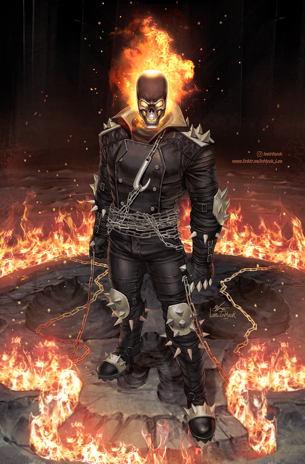 1boy burning chain chain_whip fire flaming_skull full_body ghost ghost_rider gloves highres holding in-hyuk_lee jacket leather leather_jacket male_focus marvel pants skull solo spikes weapon western_comics_(style)