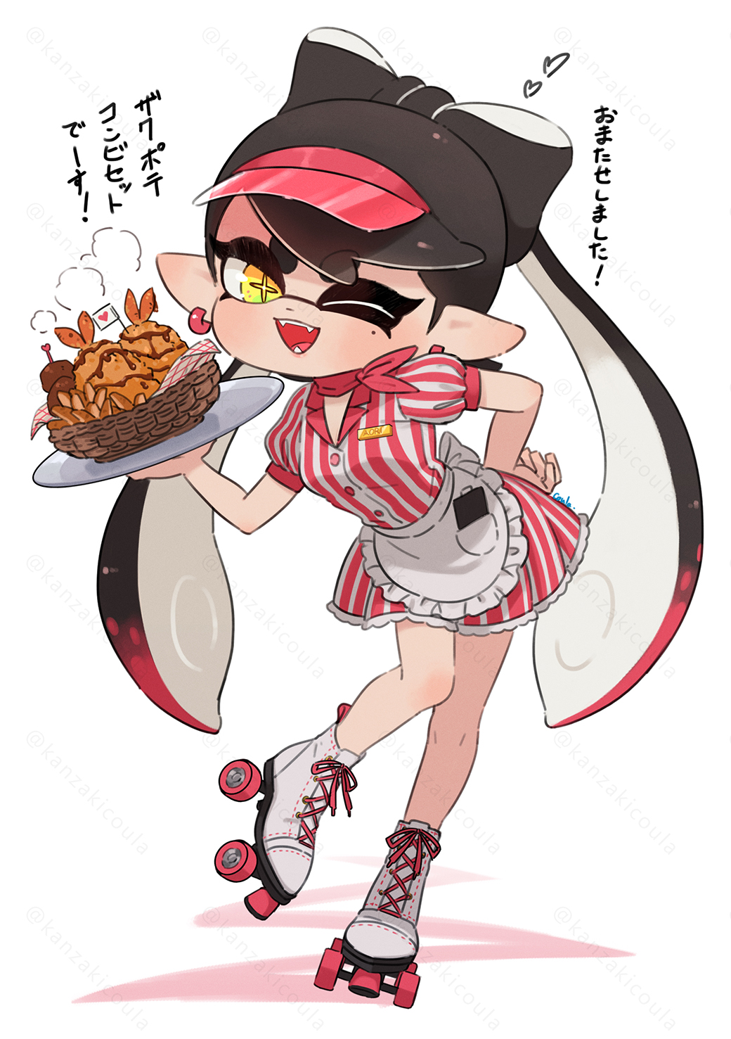 1girl apron basket black_hair bow-shaped_hair callie_(splatoon) colored_tips commentary_request coula_cat dress earrings food full_body heart highres holding holding_plate hoop_earrings inkling jewelry long_hair mole mole_under_eye multicolored_hair one_eye_closed open_mouth plate pointy_ears red_hat redhead roller_skates shrimp shrimp_tempura simple_background skates smile solo splatoon_(series) star-shaped_pupils star_(symbol) steam striped_clothes striped_dress symbol-shaped_pupils teeth tempura tentacle_hair thick_eyebrows translation_request two-tone_hair visor_cap waitress white_background yellow_eyes yellow_pupils