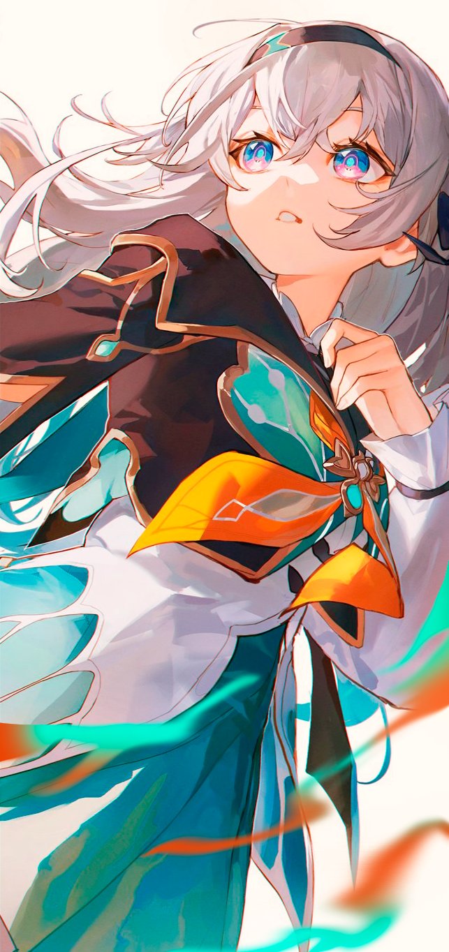 1girl black_hairband blue_pupils commentary english_commentary firefly_(honkai:_star_rail) floating_hair grey_hair hair_between_eyes hair_intakes hairband highres honkai:_star_rail honkai_(series) jacket long_hair long_sleeves neckerchief open_mouth orange_neckerchief simple_background smile solo srro_yo two-tone_eyes white_background