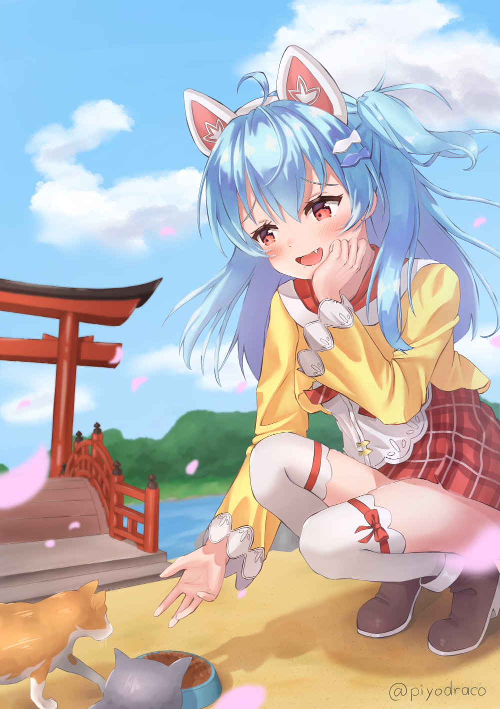 1girl :d ahoge animal_ears blue_hair blue_sky blush bowl bridge brown_footwear cat cat_ears clouds commentary_request day fake_animal_ears falling_petals fang fish_hair_ornament full_body grin hair_ornament hand_on_own_cheek hand_on_own_face highres igarashi_haruna long_hair long_sleeves mahjong_soul medium_bangs one_side_up open_mouth orange_cat outdoors pet_bowl pet_food petals piyodraco plaid plaid_skirt red_eyes red_skirt shirt shoes skirt sky smile solo squatting thigh-highs torii white_thighhighs yellow_shirt