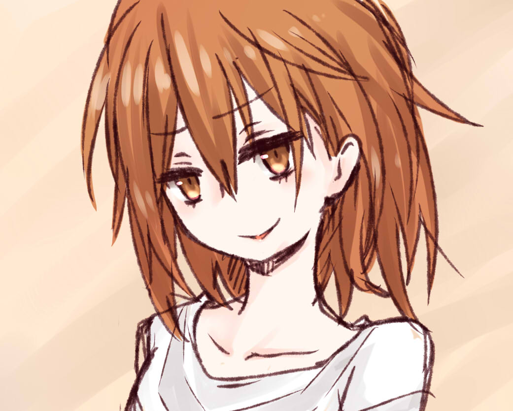 1girl accelerator_(toaru_majutsu_no_index) accelerator_(toaru_majutsu_no_index)_(cosplay) brown_eyes brown_hair brown_theme commentary_request cosplay grey_shirt hair_between_eyes i.u.y light_blush light_brown_background long_bangs looking_at_viewer medium_hair messy_hair misaka_worst monochrome_background parted_lips portrait shirt smile solo toaru_majutsu_no_index