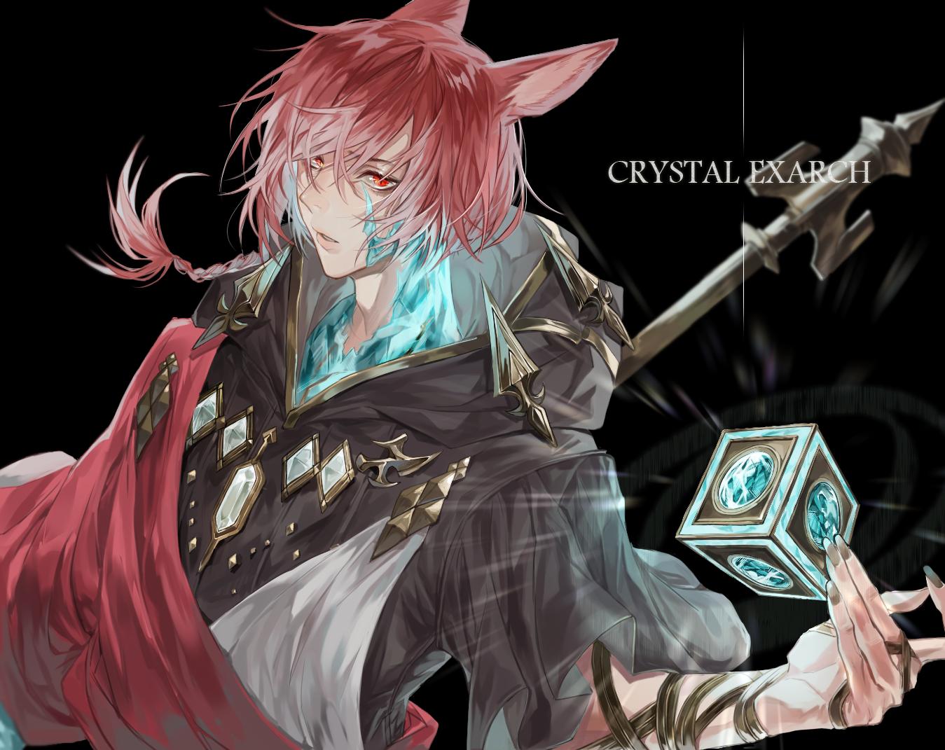 animal_ears black_background brown_nails cat_ears character_name cloak crystal_exarch cube final_fantasy final_fantasy_xiv g'raha_tia hand_up hood hood_down hooded_cloak looking_at_viewer material_growth nail_polish parted_lips red_eyes redhead scepter tladpwl03