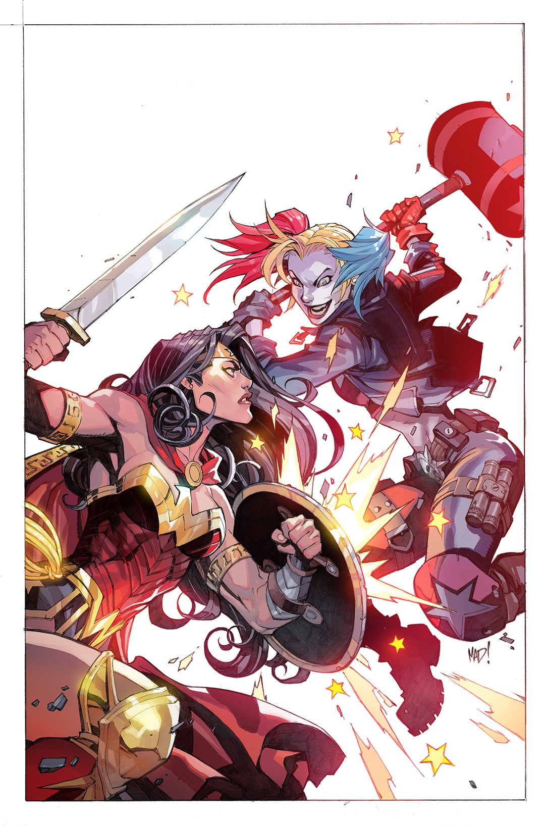 2girls armlet armored_boots asymmetrical_gloves belt black_gloves black_hair black_jacket black_pants blonde_hair blue_hair boots border brown_belt cape circlet cropped_jacket dc_comics fighting_stance gloves gold_armlet hammer harley_quinn highres holding holding_hammer holding_shield holding_sword holding_weapon jacket joe_madureira knee_pads long_hair multicolored_hair multiple_girls open_clothes open_jacket outside_border pants red_cape red_gloves red_pants redhead shield short_twintails simple_background sword thigh_strap twintails two-tone_pants weapon white_background white_border wonder_woman