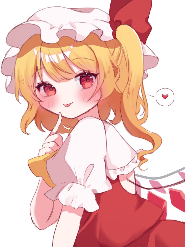1girl ascot blonde_hair blush cowboy_shot flandre_scarlet frilled_sleeves frills from_side hat heart looking_at_viewer medium_hair mob_cap one_side_up puffy_short_sleeves puffy_sleeves red_skirt red_vest redhead short_sleeves simple_background siomi_403 skirt solo spoken_heart tongue tongue_out touhou vest white_background white_hair yellow_ascot