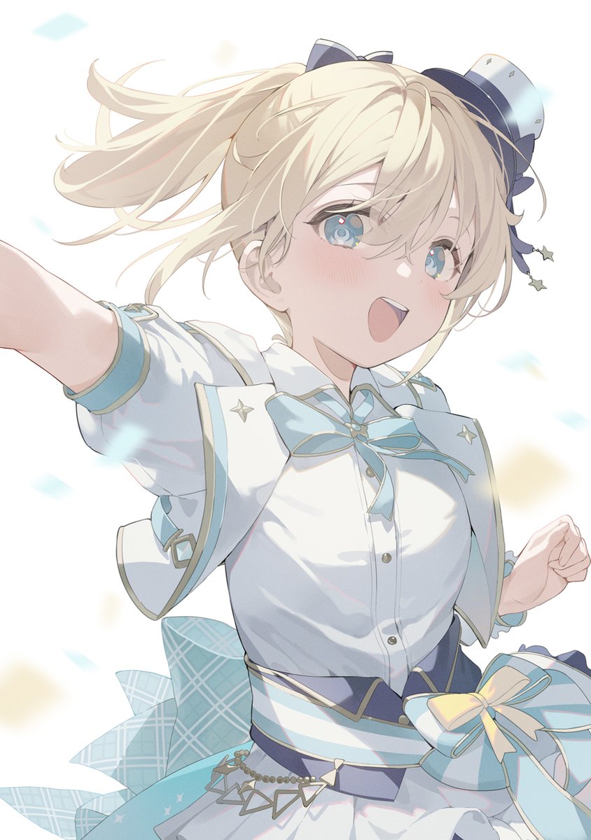 1girl :d aqua_bow aqua_eyes arm_up back_bow blonde_hair blue_bow blurry blush bow breasts commentary_request confetti cropped_jacket cummerbund depth_of_field dress_shirt eyes_visible_through_hair gold_trim hair_between_eyes hair_bow hana_mori hand_out_of_frame hat high_ponytail highres hololive hololive_idol_uniform_(bright) jacket kazama_iroha looking_at_viewer medium_breasts mini_hat mini_top_hat neck_ribbon official_alternate_costume open_clothes open_jacket open_mouth pleated_skirt ponytail puffy_short_sleeves puffy_sleeves ribbon shirt short_sleeves simple_background skirt smile solo star_(symbol) teeth thick_eyelashes top_hat upper_body upper_teeth_only white_background white_hat white_jacket white_shirt white_skirt white_wrist_cuffs wrist_cuffs yellow_bow