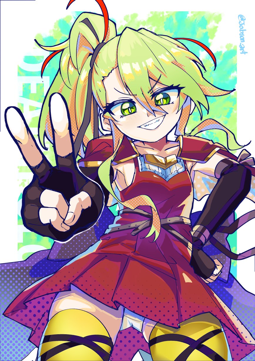 1girl belt black_ribbon breasts capelet deathpolca demons_roots dress fingerless_gloves gloves green_eyes green_hair grin hand_on_own_hip highres long_hair looking_at_viewer red_capelet red_dress ribbon side_ponytail sleepyowl_(jobkung15) small_breasts smile solo striped_clothes striped_thighhighs thigh-highs v zettai_ryouiki