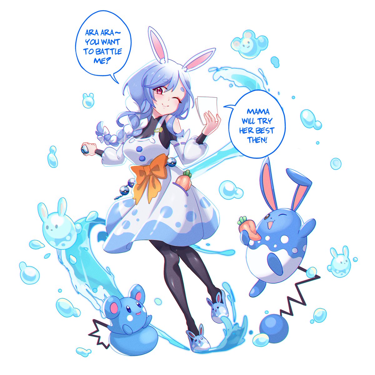 1girl animal_ear_fluff animal_ears apron azumarill blue_hair blush braid braided_ponytail breasts closed_mouth commentary english_commentary highres hololive long_hair looking_at_viewer marill mature_female multicolored_hair pekomama pokemon pokemon_(creature) rabbit_ears rabbit_girl red_eyes rhymewithray short_eyebrows simple_background smile solo thick_eyebrows virtual_youtuber water white_hair
