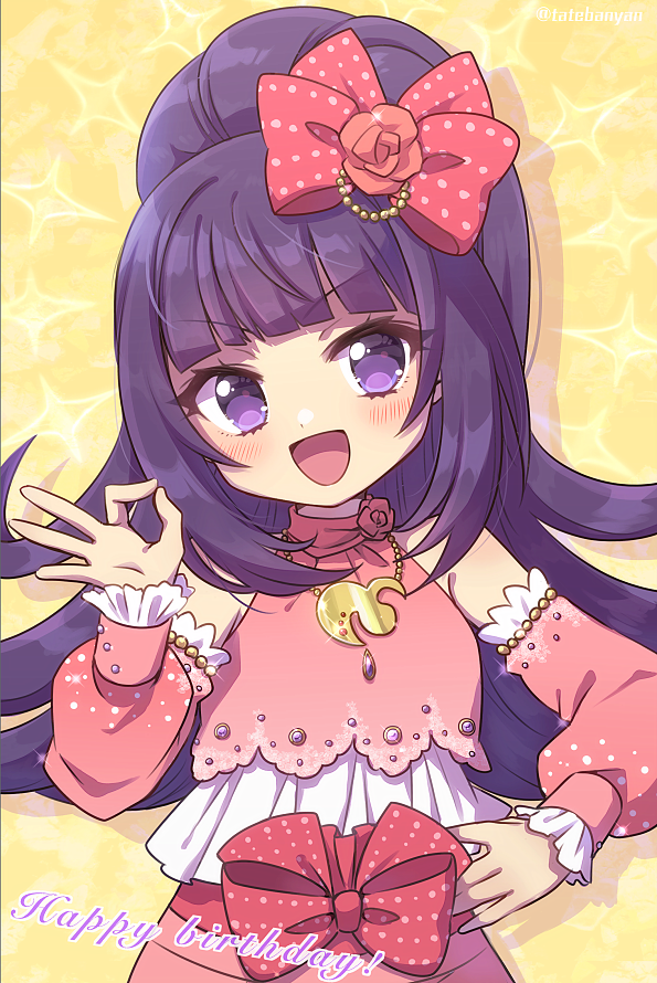 1girl :d bare_shoulders blunt_bangs blush bow commentary_request cowboy_shot detached_sleeves drop_shadow flower frilled_sleeves frills hair_bow hair_flower hair_ornament hanazono_shuka hand_on_own_hip hand_up happy_birthday idol_clothes idol_time_pripara jewelry long_hair looking_at_viewer necklace ok_sign open_mouth pink_bow pink_flower pink_shirt ponytail pretty_series pripara purple_hair shirt smile solo standing tabana violet_eyes yellow_background