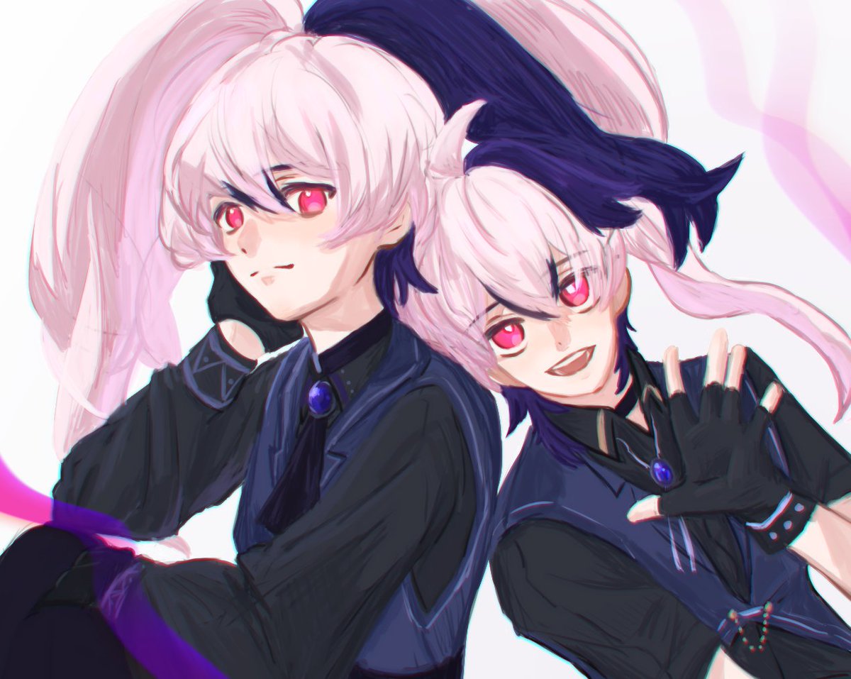 2girls ahoge alternate_costume androgynous ascot black_ascot black_hair black_shirt black_undershirt blue_vest bolo_tie choker flat_chest flower_(vocaloid) flower_(vocaloid3) flower_(vocaloid4) gem gloves hand_on_own_face high_ponytail light_smile long_hair long_sleeves multicolored_hair multiple_girls natsuki_akino pink_eyes shirt short_hair short_sleeves simple_background sitting smile tomboy two-tone_hair vest vocaloid watch_fob waving white_hair