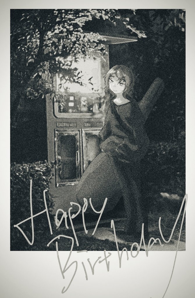 1other androgynous chinese_commentary closed_mouth commentary_request english_text full_body greyscale happy_birthday instrument_case len'en long_sleeves monochrome other_focus pants photo_background rainlow shirt shitodo_hooaka short_hair smile solo