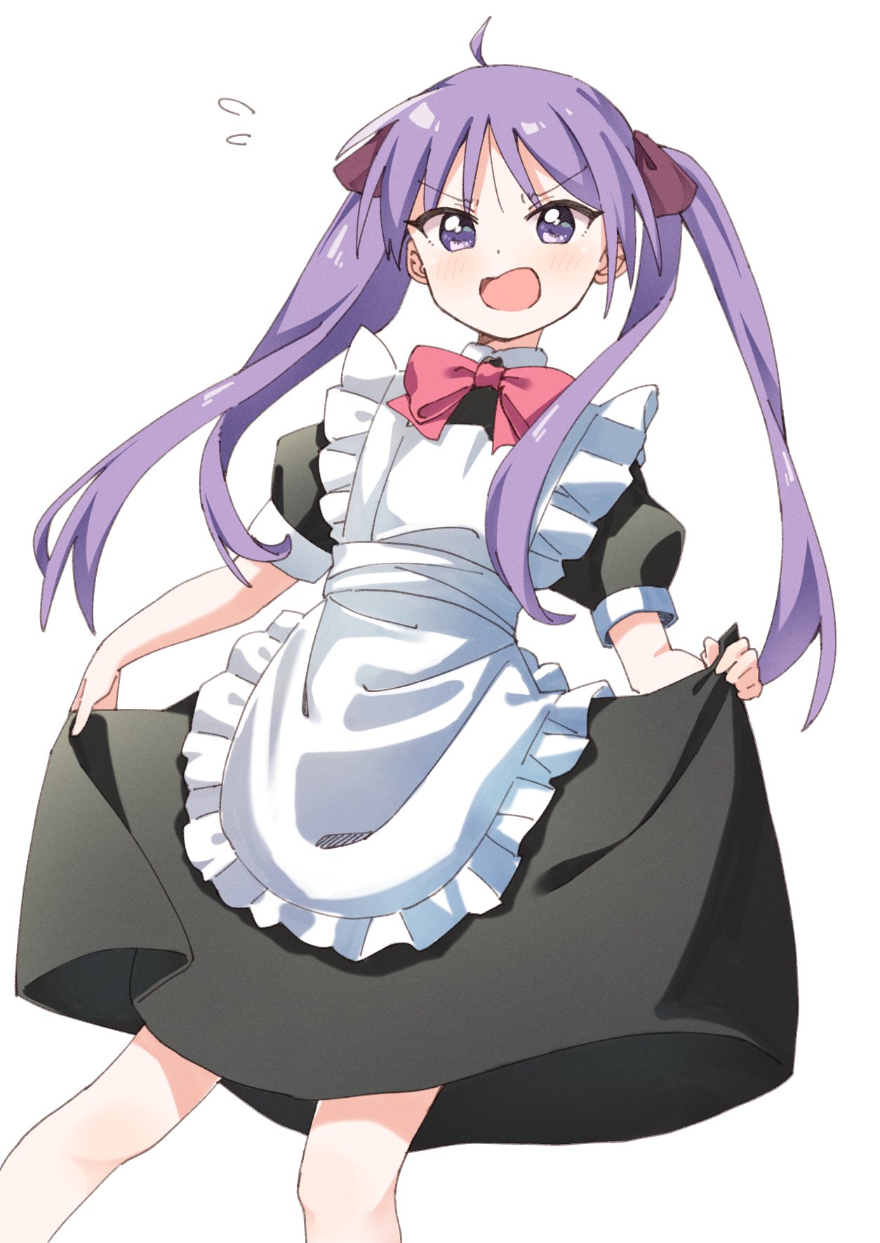 1girl ahoge alternate_costume apron black_dress blush choppy_bangs commentary cowboy_shot dress embarrassed enmaided flying_sweatdrops frilled_apron frills haru_(konomi_150) highres hiiragi_kagami long_hair looking_at_viewer lucky_star maid maid_apron open_mouth puffy_short_sleeves puffy_sleeves purple_hair short_sleeves simple_background skirt_hold solo tsurime twintails violet_eyes white_apron white_background
