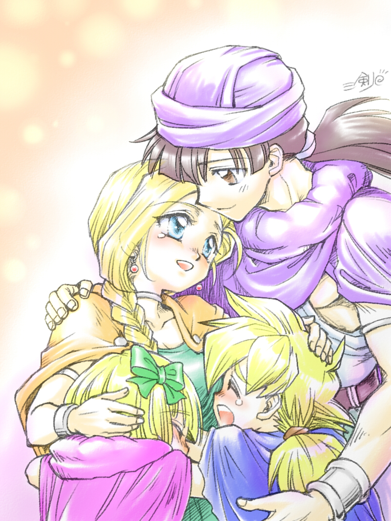 2boys 2girls armlet bianca_(dq5) black_hair blonde_hair blue_cape blue_eyes blush bow bracelet braid cape cloak closed_eyes closed_mouth commentary_request dragon_quest dragon_quest_v dress earrings family father_and_daughter father_and_son green_bow green_dress hair_bow hand_on_another's_head happy_tears hero's_daughter_(dq5) hero's_son_(dq5) hero_(dq5) hug husband_and_wife jewelry long_hair low_ponytail mother_and_daughter mother_and_son multiple_boys multiple_girls neck_ring nyozomi open_mouth orange_cape pink_cape purple_cloak short_hair siblings single_braid smile spiky_hair tears turban twins upper_body white_tunic