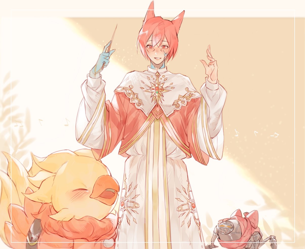 1boy alpha_(ff14) alternate_costume blush bow chocobo closed_eyes crystal_exarch final_fantasy final_fantasy_xiv g'raha_tia hands_up holding long_sleeves male_focus material_growth omega_(final_fantasy) red_bow red_eyes redhead robe short_hair smile tladpwl03 white_robe