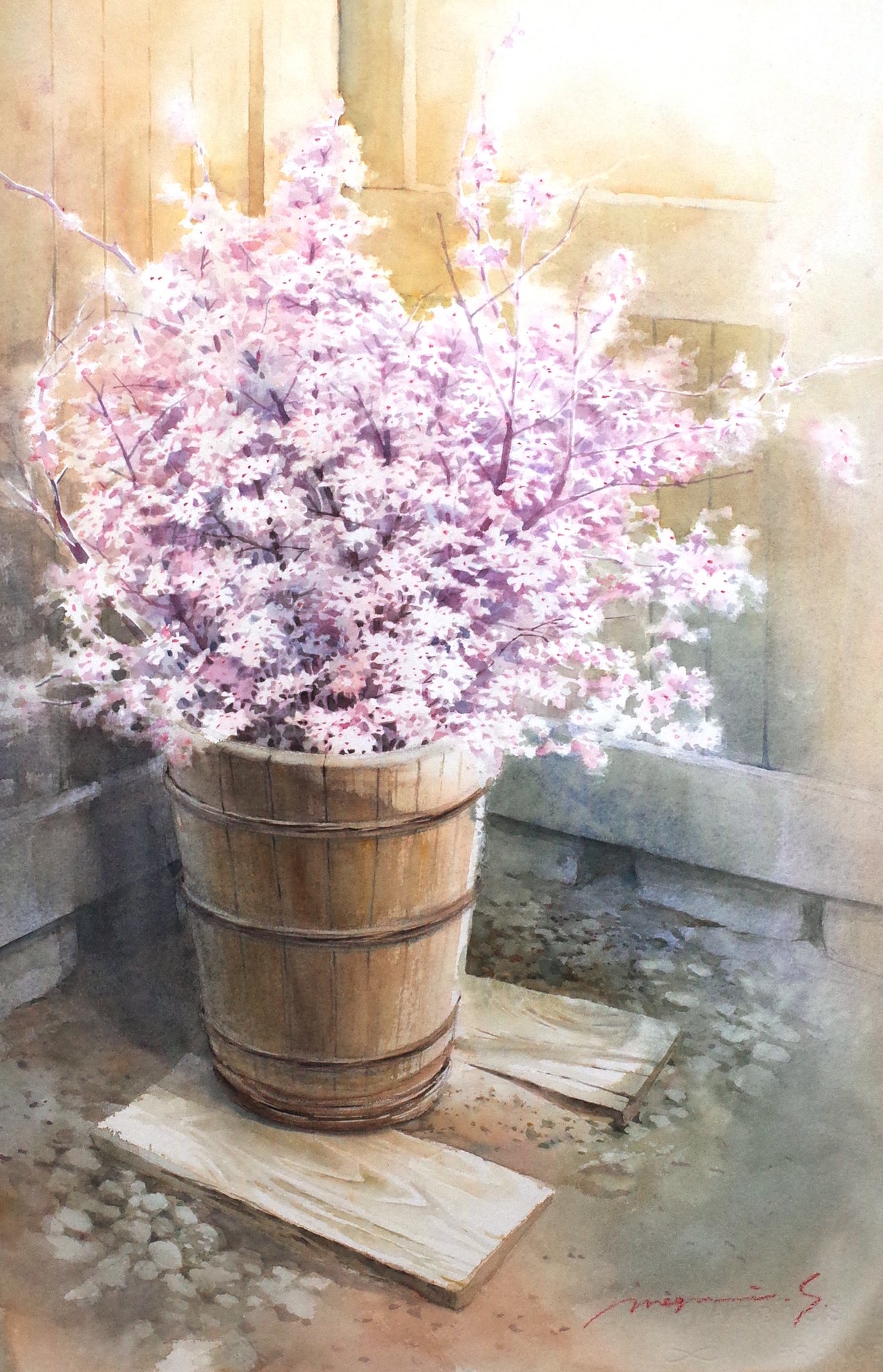 bucket cherry_blossoms commentary_request day flower flower_focus highres no_humans original painting_(medium) pink_flower plant plant_focus potted_plant sapling shadow shimizu_megumi_(m_acquerello) still_life sunlight traditional_media watercolor_(medium) wooden_bucket wooden_wall