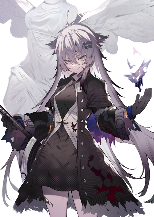 1girl angel angel_wings animal_ears arknights black_coat black_dress black_gloves blue_gloves buttons closed_mouth coat commentary_request dress gloves grey_eyes grey_hair hair_ornament hairclip holding lappland_(arknights) lappland_(refined_horrormare)_(arknights) long_hair looking_at_viewer official_alternate_costume open_clothes open_coat scar scar_across_eye scar_on_face short_dress solo soukou_makura wings wolf_ears wolf_girl