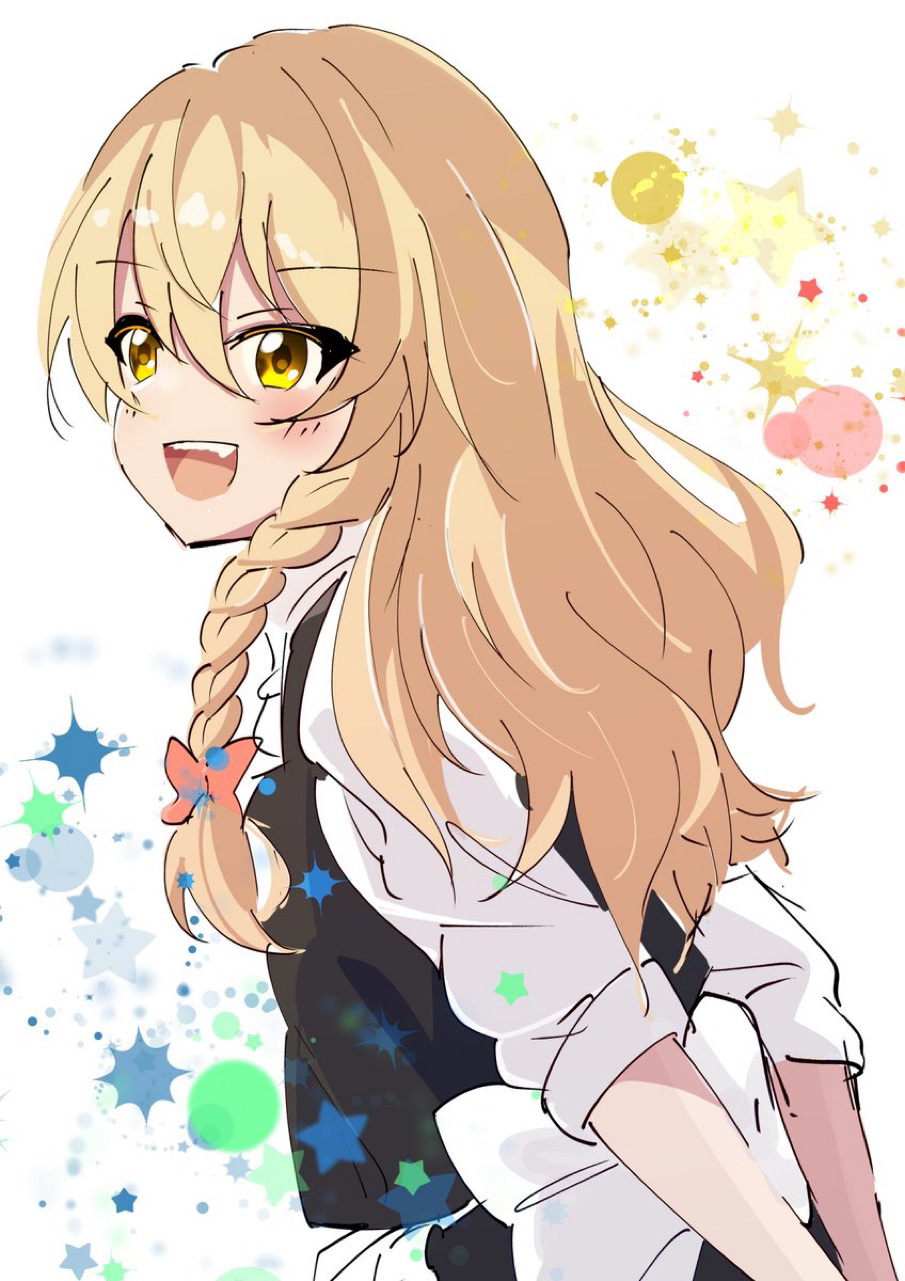 1girl :d arms_behind_back back_bow black_vest blonde_hair blush bow braid commentary fang from_side hair_between_eyes hair_bow happy highres kirisame_marisa kyuu_cat long_hair looking_at_viewer no_headwear open_mouth red_bow shirt simple_background single_braid sketch sleeves_rolled_up smile solo star_(symbol) teeth touhou tsurime upper_body upper_teeth_only vest white_background white_bow white_shirt yellow_eyes