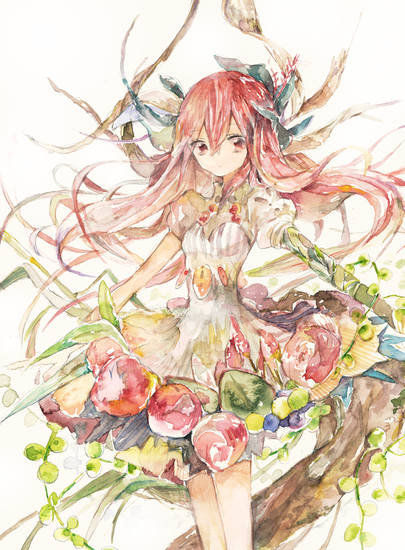 1girl bow branch dress flower food fruit hair_between_eyes hair_bow kazuka leaf long_hair looking_at_viewer original painting_(medium) pink_hair pomegranate puffy_sleeves red_eyes redhead short_sleeves solo traditional_media watercolor_(medium) white_background white_dress