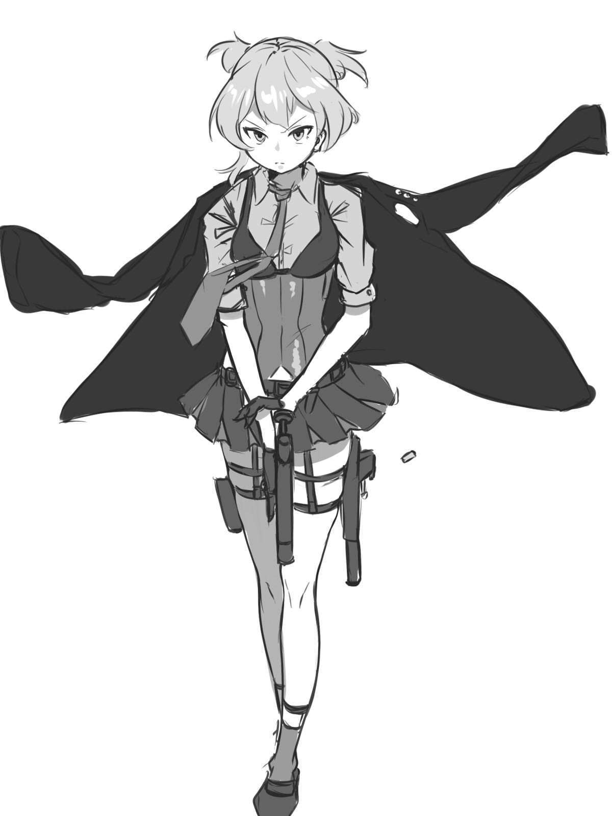 1girl bolt_action closed_mouth collared_shirt commentary_request girls_frontline gloves greyscale gun handgun highres holding holding_gun holding_weapon jacket jacket_on_shoulders kuro_kosyou monochrome name_connection necktie object_namesake pleated_skirt shirt shoes short_sleeves simple_background skirt socks solo two_side_up v-shaped_eyebrows weapon welrod welrod_mkii_(girls'_frontline) white_background