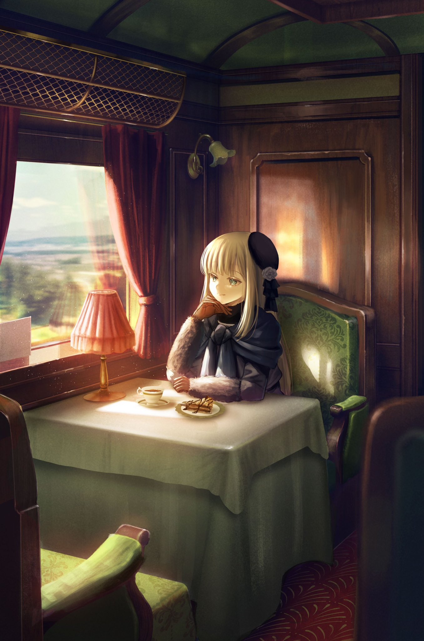 1girl asagi_futsuka black_hat blonde_hair blue_eyes booth_seating cake carpet chair cup curtains fate/grand_order fate_(series) food gloves hand_on_own_chin hat highres indoors lampshade long_hair looking_outside lord_el-melloi_ii_case_files plate reines_el-melloi_archisorte saucer sitting smile solo table teacup tilted_headwear train_interior tree window