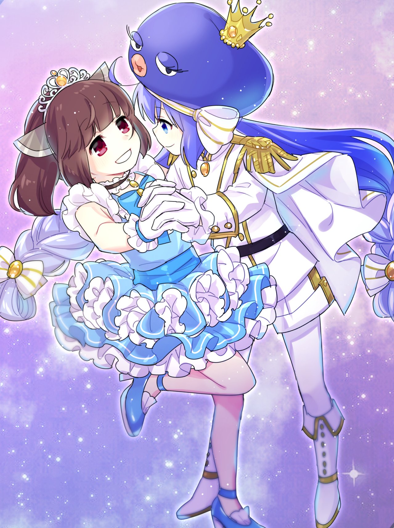 2girls ahoge alternate_costume blue_bow blue_bowtie blue_dress blue_eyes blue_footwear blue_hair blue_hat boots bow bowtie brooch brown_hair cape choker closed_mouth commentary_request crossdressing dancing dress eel_hat epaulettes eye_contact floating_hair frilled_choker frilled_dress frills fringe_trim gloves gradient_background grin headgear high_heels highres holding_hands interlocked_fingers jacket jewelry kawasaki_(5s5_g) knee_boots long_hair long_sleeves looking_at_another low_twintails medium_hair multiple_girls otomachi_una pantyhose pantyhose_under_shorts pleated_skirt prince princess purple_background red_eyes short_dress shorts skirt sleeveless sleeveless_dress smile sparkle_background standing standing_on_one_leg tiara touhoku_kiritan twintails very_long_hair vocaloid voiceroid white_cape white_footwear white_gloves white_jacket white_pantyhose white_shorts yuri