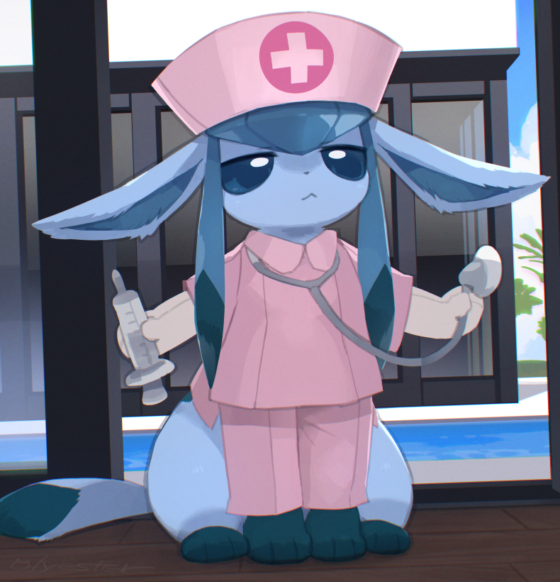 all_fours blue_fur blue_tail extra_arms glaceon hat indoors nagasaki_wonderful nurse nurse_cap pokemon pokemon_(creature) pool wooden_floor