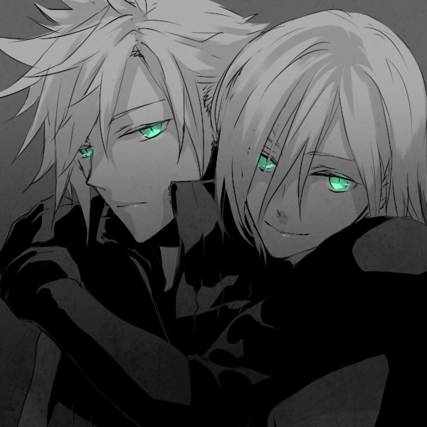 2boys arms_around_neck bisukorokoro black_vest cloud_strife dark expressionless final_fantasy final_fantasy_vii final_fantasy_vii_advent_children gloves glowing glowing_eyes green_eyes grey_background high_collar hug hug_from_behind kadaj light_smile long_sleeves looking_at_viewer male_focus monochrome multiple_boys official_alternate_eye_color short_hair slit_pupils spiky_hair spot_color third-party_source upper_body vest